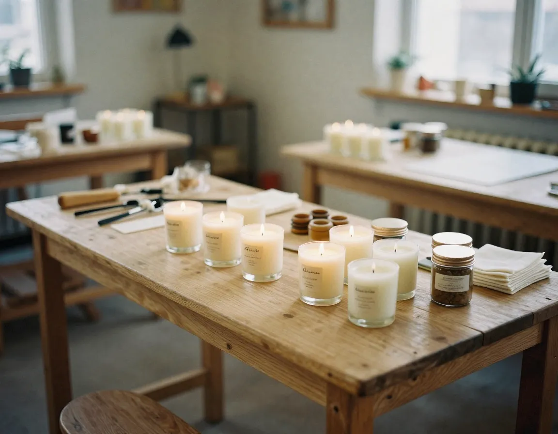 Cozy artisan candle workshop with wooden tables and natural light