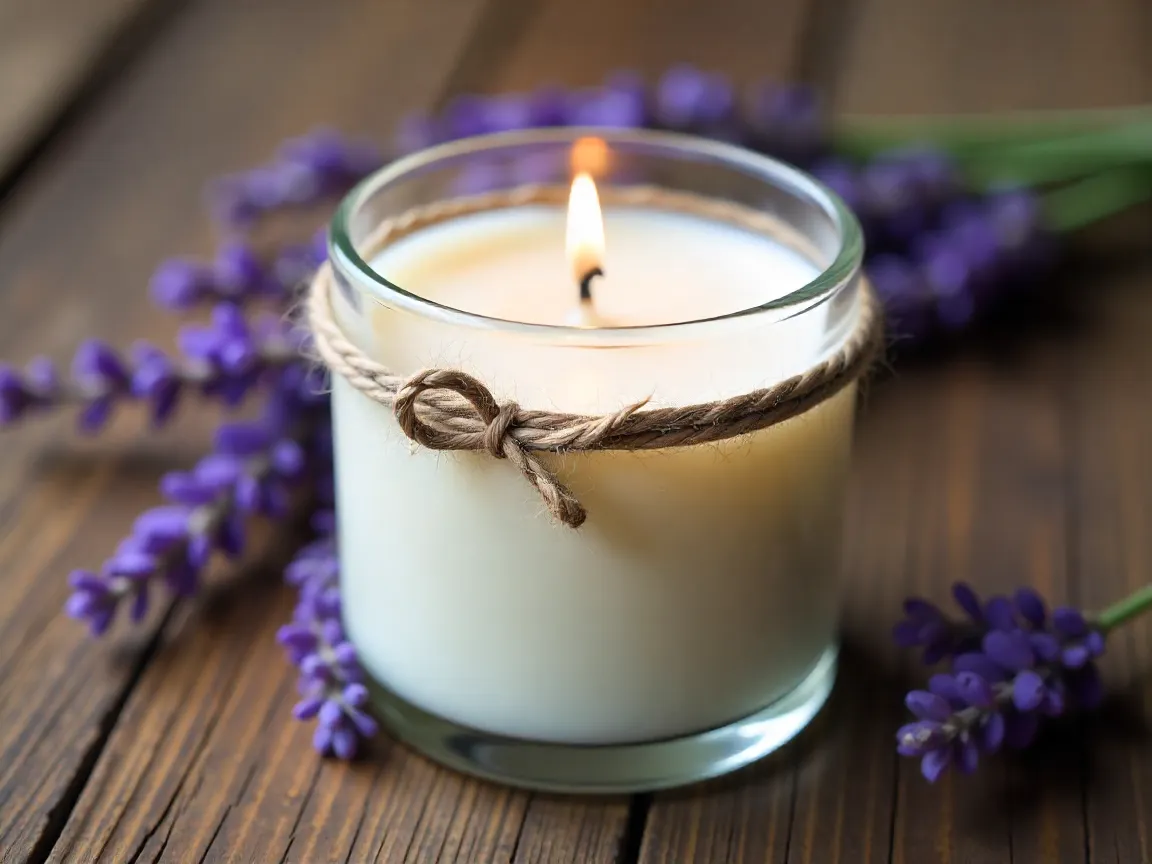 Handcrafted lavender soy candle in glass container